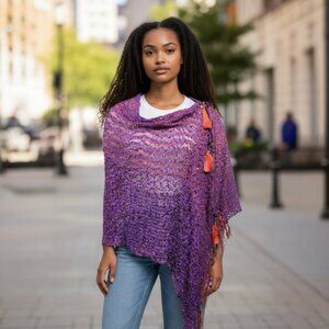 Purple Orange Gold Lurex Stripe Mix Poncho Vest Scarf Adjustable Tassel Wrap